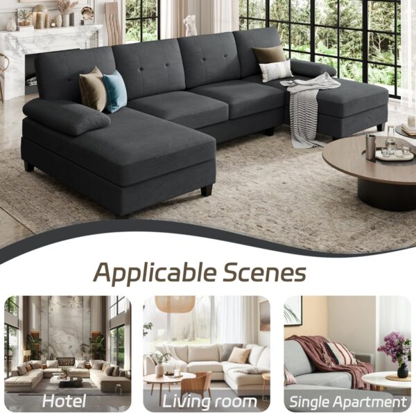 SUNLEI 106" Sectional Sofa Couches for Living Room, 4 Seat U-Shaped Sofa Couch with Linen Fabric and Double Chaises, Modern Living Room Furniture Sets for Apartment, Light Grey - Image 5
