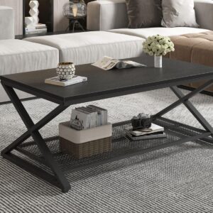 LVB Gray Coffee Table with Storage, Farmhouse Metal Wood 2 Tier Center Table for Living Room, Industrial Wooden Rectangular Concrete Tables with Mesh Shelf for Office Bedroom, 39 inch, Light Grey Oak