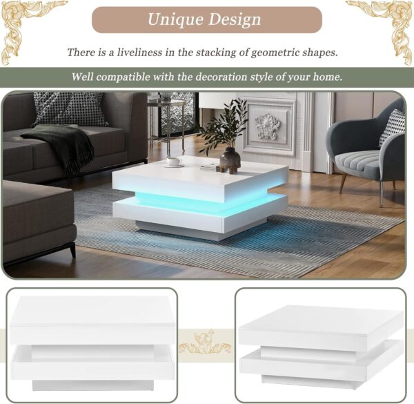 LED Coffee Table for Living Room, 2-Tier Square Center Table, High Gloss Coffee Table with 7-Color Plug-in LED Light, Cocktail Table for Party Home Office Reception, Remote Control, White - Image 6