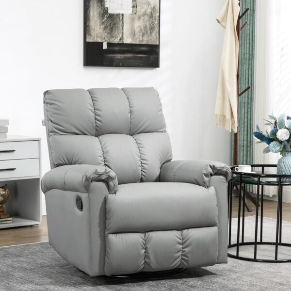 HOMCOM Rocker Recliner Chair with Overstuffed Back and Seat, Faux Leather Manual Reclining Chair with Footrest and 360 Swivel Rotation Base for Living Room, Brown - Image 2