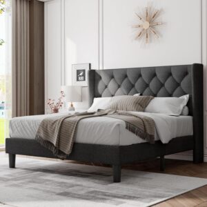 Feonase Queen Size Bed Frame with Diamond Tufted Wingback Headboard, Morden Upholstered Platform Bed, Sturdy Wooden Slats Support, Noise-Free, No Box Spring Needed, Easy Assembly, Dark Grey