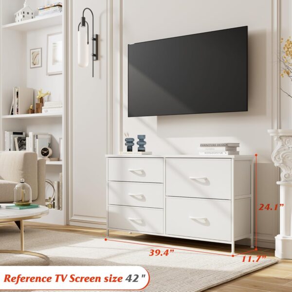 Nicehill White Dresser for Bedroom with 5 Drawers, Small Dresser for Kids' Bedroom, Closet, Wide Chest of Drawers with Fabric Storage Drawers, Wooden Top, Steel Frame, Modern, White - Image 3