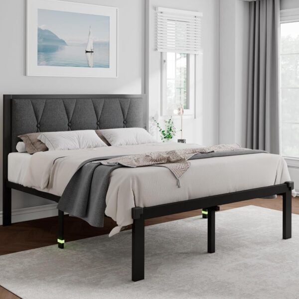 Feonase Queen Size Metal Bed Frame with Fabric Button Tufted Headboard, Platform Bed Frame with Heavy Duty Metal Slats, 12" Storage Space, Noise Free, No Box Spring Needed, Dark Grey - Image 3