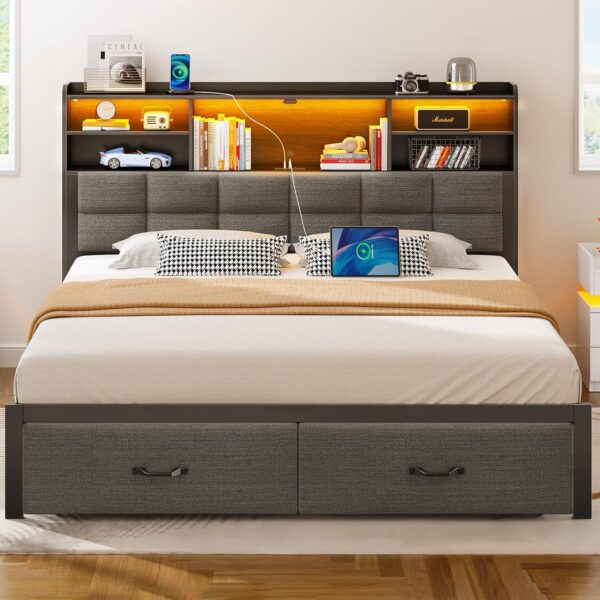 Rolanstar Bed Frame Full Size with Drawers and Charging Station, Upholstered Platform Bed with Storage Headboard and LED Light, Heavy Duty Metal Frame Support, No Box Spring Needed, Noise Free, Grey - Image 2