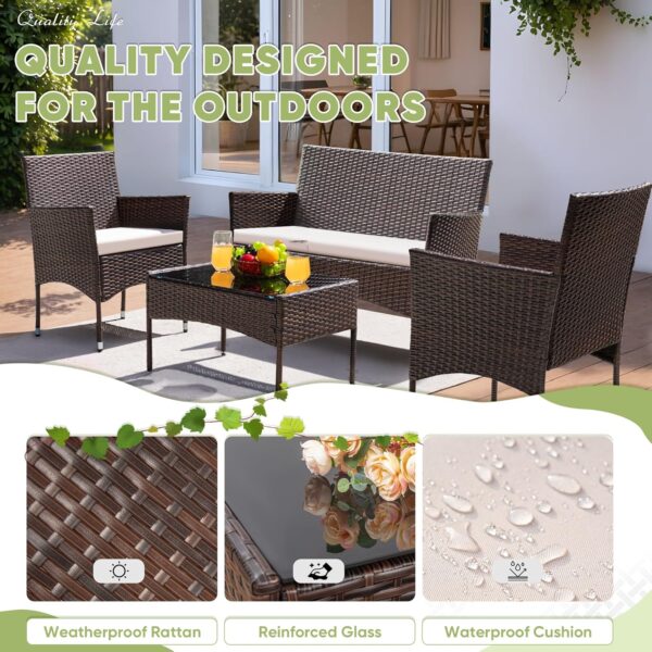 Greesum Patio Furniture 4 Pieces Conversation Sets Outdoor Wicker Rattan Chairs Garden Backyard Balcony Porch Poolside loveseat with Cushion and Glass Table, Brown and Beige - Image 5