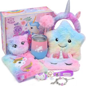 Tacobear Unicorns Gifts for Girls Kids Toys 6 7 8 9 10 Years Old with Star Light Up Pillow Stationery Plush Diary with Lock Headband Eye Mask Water Bottle Teen Girl Birthday Christmas Unicorn Toy