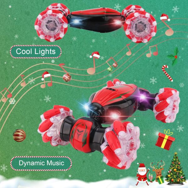 Gesture Sensing RC Stunt Car - Christmas Red, Best Birthday Gifts for Kids 6-12, Hand Remote Control Double Side Twist Cars Toys with Light Music, 4 WD Drift Off Road for Rotation - Image 2