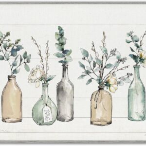 Stupell Industries Bottles and Plants Farm Wood Textured, Design by Anne Tavoletti Wall Art, 11 x 14, Multi-Color for Living Room, Grey Framed