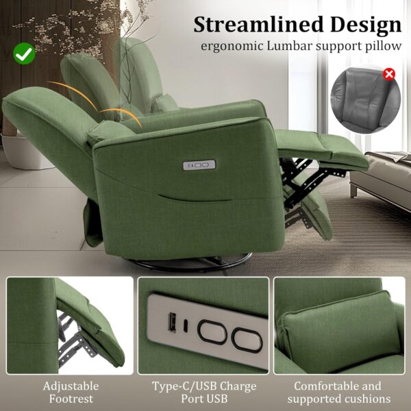 Swivel Recliner Chair, Glider Rocking Chair Nursery, Electric Rocking Recliner Chair of Fabric, Power Rocker Recliner Chair with Side Pockets and Type-C & USB Ports for Living Room - Image 5