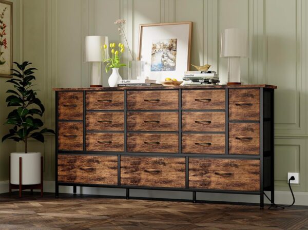 Fixwal 63.3 Inch TV Stand for Bedroom, 16 Large Drawer Dresser, Long TV Stand for 55, 65, 70 Inch TV with Power Outlets, Fabric Chest of Drawers for Bedroom, Living Room, Entryway, Rustic Brown - Image 5