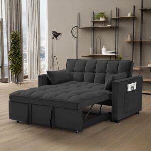 MMTGO 3 in 1 Velvet Convertible Sleeper Sofa Bed, w/Pullout Bed, Reclining Backrest,Toss Pillows, Pockets, Small Loveseat Lounge Couch, Furniture for Living Room