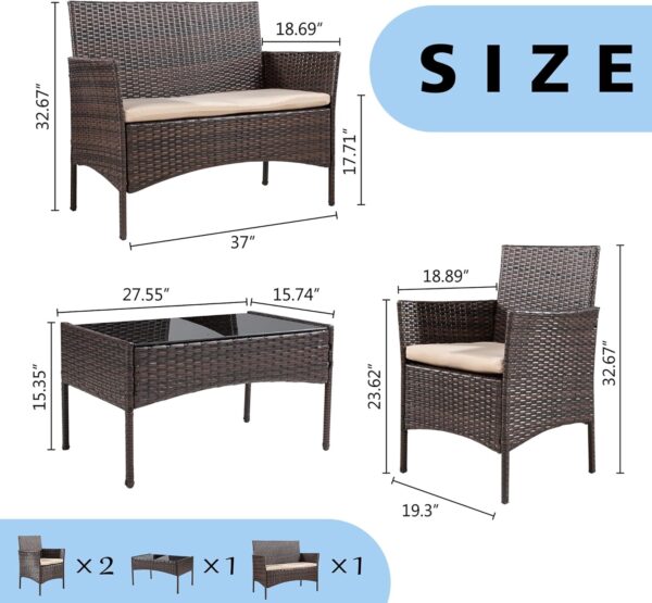 Walsunny 4 Pieces Outdoor Patio Furniture Sets Rattan Chair Wicker Set,Outdoor Indoor Use Backyard Porch Garden Poolside Balcony Furniture（Brown） - Image 6