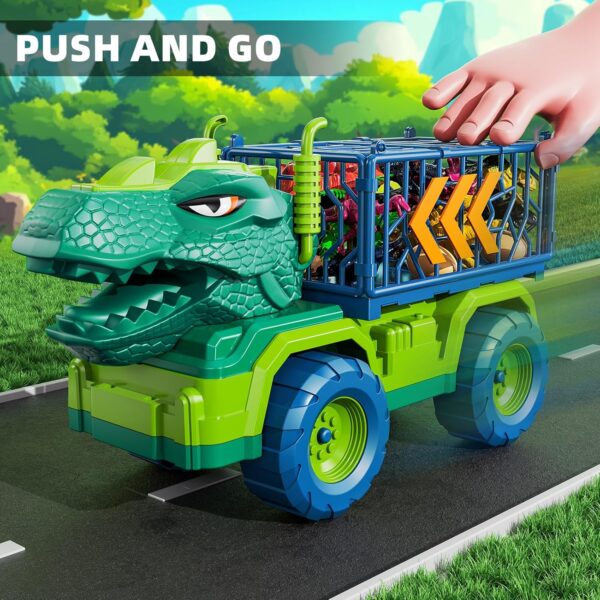 TEMI Dinosaur Truck Toys for Kids 3-5 Years, Tyrannosaurus Transport Car Carrier Truck with 8 Dino Figures, Activity Play Mat, Dinosaur Eggs, Trees, Capture Jurassic Play Set for Boys and Girls - Image 4
