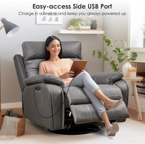 Power Swivel Nursery Glider Recliner Chair, Electric Rocking Sofa with Adjustable Headrest & Soft Cushions, Ultimate Comfort Living Room Bedroom Rocker Armchairs, Built-in USB, Light Gray - Image 7
