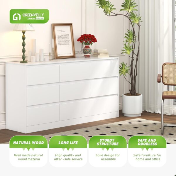 Greenvelly White Dresser for Bedroom,Modern 9 Drawer Dresser for Bedroom,Wooden Dresser with Deep Drawers for Bedroom,Long Drawer Chest for Bedroom, Living Room,Hallway,Closet - Image 7