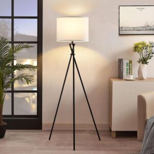 Tripod Floor Lamp, 61” Tall Floor Lamps, Standing Lamp with Rotary Switch, Modern Floor Lamp Simple Design with White Shade, Black Floor Lamps for Living Room, Bedroom, Office, Without Bulb