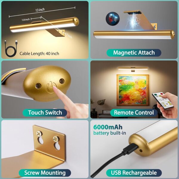Picture Light for Art with Remote Control, Wireless Painting Light 6000mAh Battery Rechargeable,Wall Picture Light with 3 Lighting,Full Metal Led Painting Light for Gallery 400Lumen Super Bright - Image 3