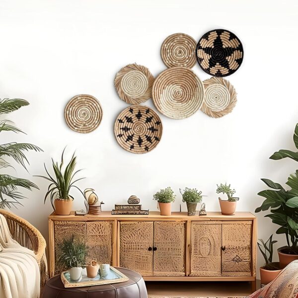 COYACOOL Hanging Woven Wall Basket Decor - Wicker Wall Baskets Decor Boho Flat set of 7 – Boho Wall Decor Art - African Baskets For Wall - Seagrass Basket Round Boho Wall Decor - Image 5