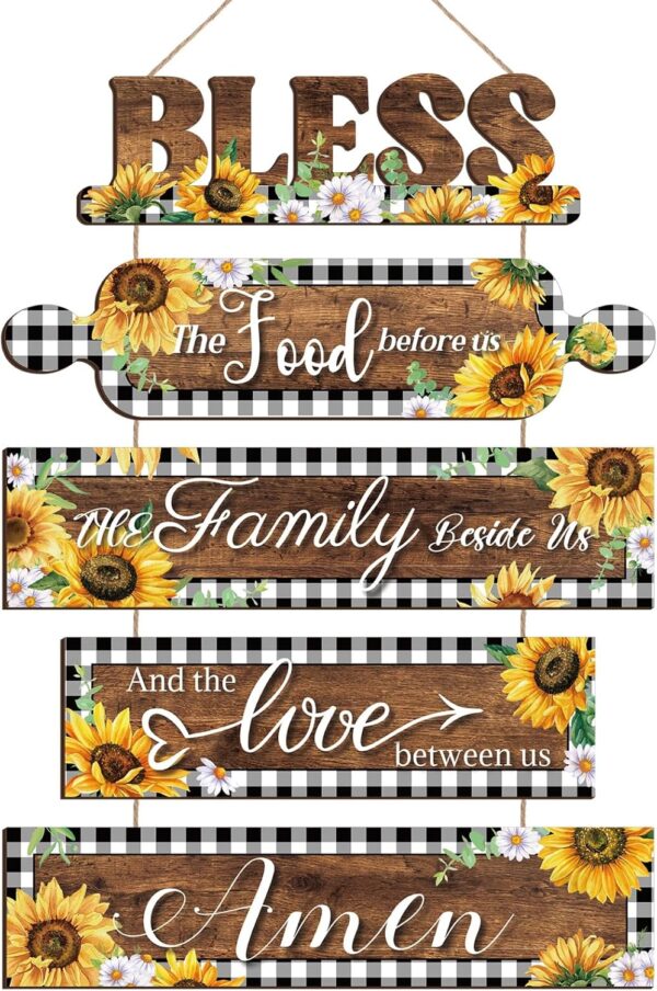Sintuff Sunflower Kitchen Wall Decor Bless The Food Before Us Sign Farmhouse Kitchen Wooden Wall Signs Rustic Dining Room Wall Art Country Vintage Hanging Decoration for Home Room (Plaid Style)
