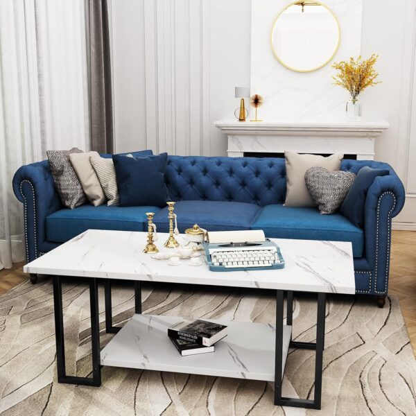AWQM Marble Coffee Table, Faux Marble Top Rectangular Coffee Table with Black Metal Frame, 2 Tier Living Room Table for Living Room, Office, Balcony, White, 40 Inch - Image 4