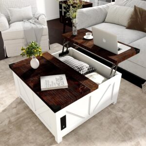 Farmhouse Lift Top Coffee Table with Storage, Wood Square Center Table with Charging Station&USB Ports, Living Room Central Table w/Large Hidden Space, for Living Room, Bedroom, Home Office