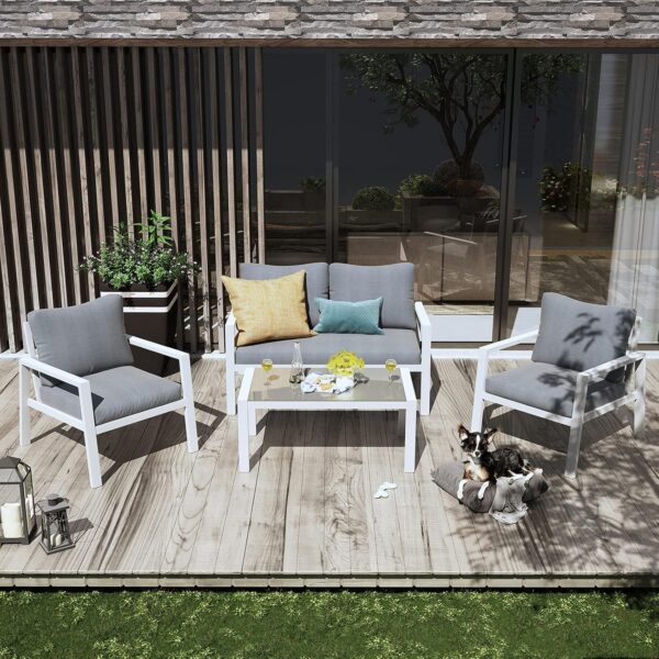 Soleil Jardin 4-Piece Aluminum Outdoor Patio Furniture, Patio Conversation Sofa Set with Removable Cushions, Tempered Glass Top Coffee Table, White Finish & Grey Cushion - Image 2