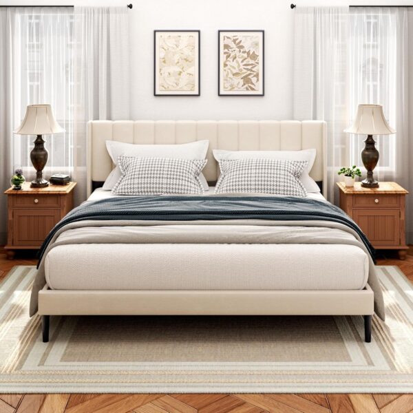 King Size Bed Frame and Headboard,Vertical Channel Tufted Wingback No Box Spring Needed, Mattress Foundation, Easy Assembly, Beige - Image 6