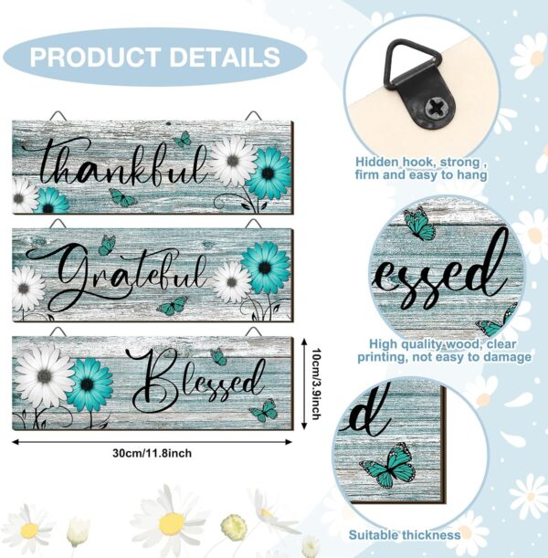 Geetery 3 Pcs Thankful Grateful Blessed Wooden Signs Rustic Daisy Wood Wall Decor Inspirational Wall Art Signs Rustic Wooden Hanging Decorations for Bedroom Kitchen Living Room Bathroom Home (Teal) - Image 3