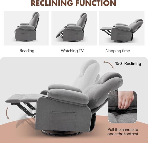 Oversized Swivel Rocker Recliner Chair with Heat and Massage, 360 Degree Swivel Rocking Single Sofa with Cup Holders and USB Port, Big Large Recliner Chair for Living Room (Fabric, Grey) - Image 4