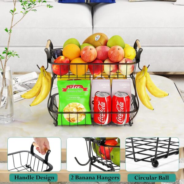 ANTOPY 2 Tier Fruit Basket with 2 Banana Hangers, Countertop Fruit Vegetable Basket Bowl for Kitchen Counter Metal Wire Storage Basket Fruits Stand Holder Organizer for Bread Snack Veggies Produce - Image 4