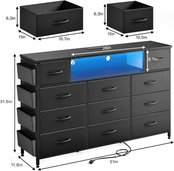 Fixwal Black Dresser for Bedroom with Power Outlets and LED Lights 11 Drawers Dresser with Side Pocket for Kids Bedroom, Fabric Chest of Drawers, for 60inch TV Long Dresser Storage Organizer - Image 3
