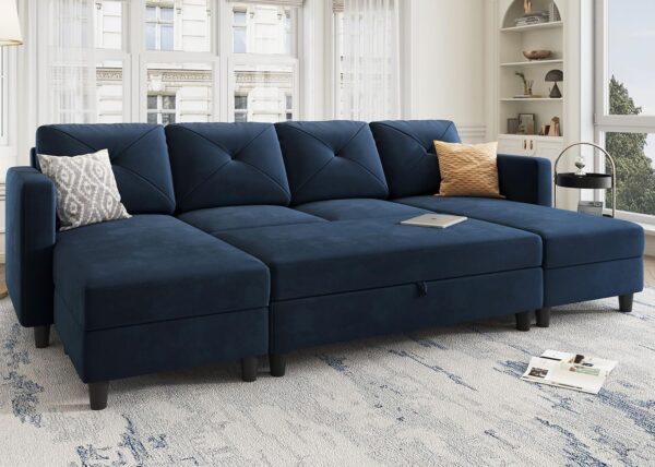 HONBAY Sleeper Sectional Sofa Set Velvet U Shaped Couch with Storage Ottoman 4-Seat Sectional Sofa Set for Living Room, Dark Blue - Image 2
