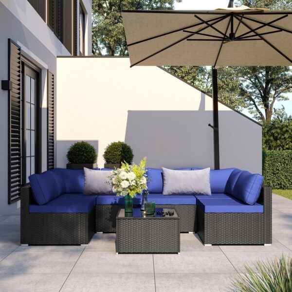 7 Pieces Patio Furniture Set - Outdoor Sectional Wicker Rattan Furniture with Cushion and Glass Table Patio Conversation Sets for Porch Poolside Backyard Outdoor Sofa Set Modular Sofa