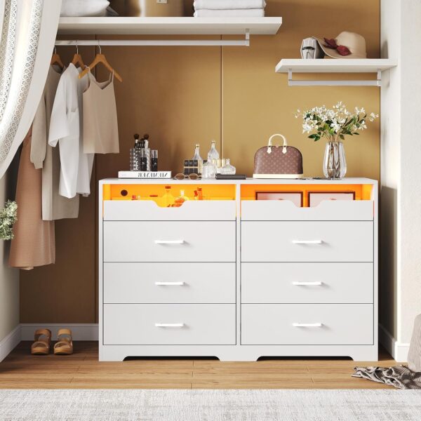 Hasuit 6 Drawers Dresser with LED Lights for Bedroom, Modern Double Dresser with 2 Pull-Out Trays, White Chest of Drawers Bedroom Storage Organizer, Dimensions 15.6" D x 42.6" W x 30.1" H - Image 6