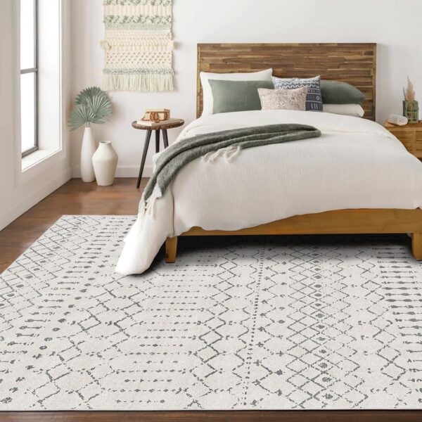 Deerly 5x7 Area Rugs for Living Room, Washable Rugs Moroccan Boho Farmhouse Rug with Non-Slip Backing, Soft Low Pile Indoor Floor Carpet Neutral Rug for Bedroom Dining Room, Off White/Grey - Image 5