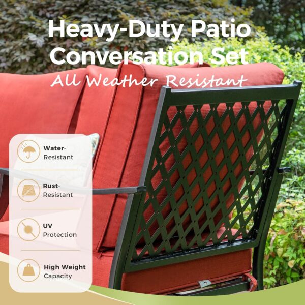 Patio Furniture Set, 4 Pcs Metal Outdoor Conversation Set, 2 Swivel Chairs and 3 Seater Sofa with 5.75" Extra Thick Cushion and Gas Fire Pit Table for Backyard Deck, Red - Image 7