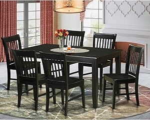 East West Furniture DUNO7-BLK-W 7-Piece Kitchen Table Chairs Set - a Rectangular Modern Kitchen Table - 6 Wood Dining Chairs with Solid Wood Seat & Slatted Back - Black Finish