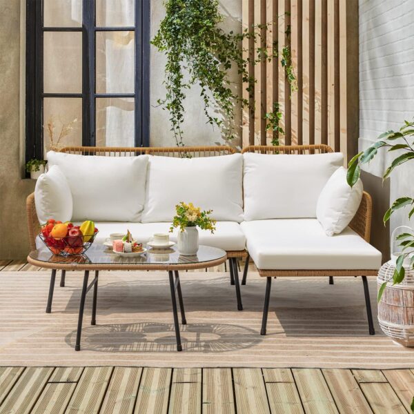 Greesum Outdoor Rope Woven Patio Furniture L-Shaped Conversation Sectional Sofa Set Detachable Lounger for Backyard Porch with Thick Cushions & Long Table, White - Image 3