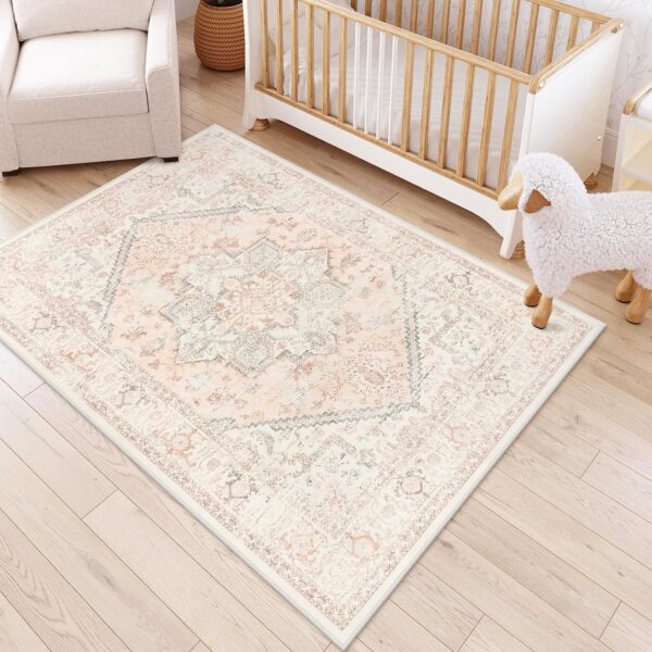 LIVEBOX Pink Area Rug 5x7 - Large Oriental Floral Living Room Rug Vintage Non-Slip Indoor Rug Aesthetic for Bedroom, Soft Retro Carpet Print Distressed Accent Rug for Apartment, Pink - Image 6