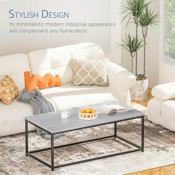 Modern Industrial Style Rectangular Coffee Table for Living Room, Bedroom - Rustic Accent Minimalistic Furniture with Wood Grain Top & Metal Frame - Center TV Table - Grey - Image 3