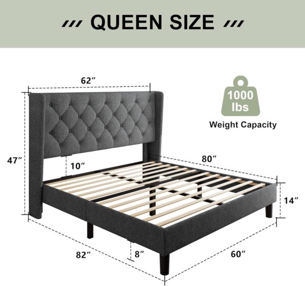 Feonase Queen Size Bed Frame with Diamond Tufted Wingback Headboard, Morden Upholstered Platform Bed, Sturdy Wooden Slats Support, Noise-Free, No Box Spring Needed, Easy Assembly, Dark Grey - Image 2