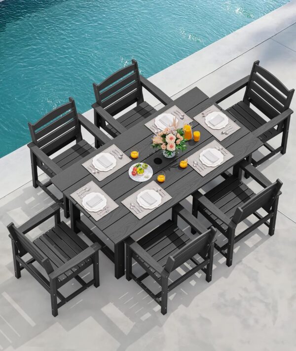 SERWALL 7-Piece Patio Dining Table Sets, Outdoor HDPE Dining Furniture Set with Umbrella Hole Cut-Out Table and 6 Chairs, Black - Image 7