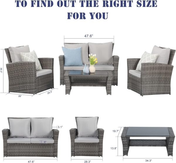 Wisteria Lane 4 Piece Outdoor Patio Furniture Sets, Wicker Conversation Set for Porch Deck, Gray Rattan Sofa Chair with Cushion - Image 6