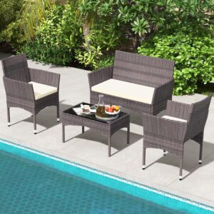 TINKLE WELL Outdoor Patio Furniture Sets, 4 Pieces Rattan Chairs Wicker Conversation Set with Tempered Glass Table, Cushion, for Yard, Garden, Poolside, Porch, Bistro, Balcony