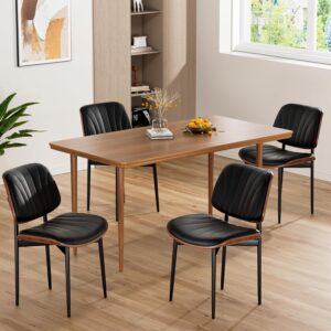 Dining Chairs Set of 4, Mid-Century Modern Upholstered PU Leather Chairs with Walnut Bentwood Back and Metal Legs Adjustable Feet for Kitchen Dining Room, Black Shell Strips