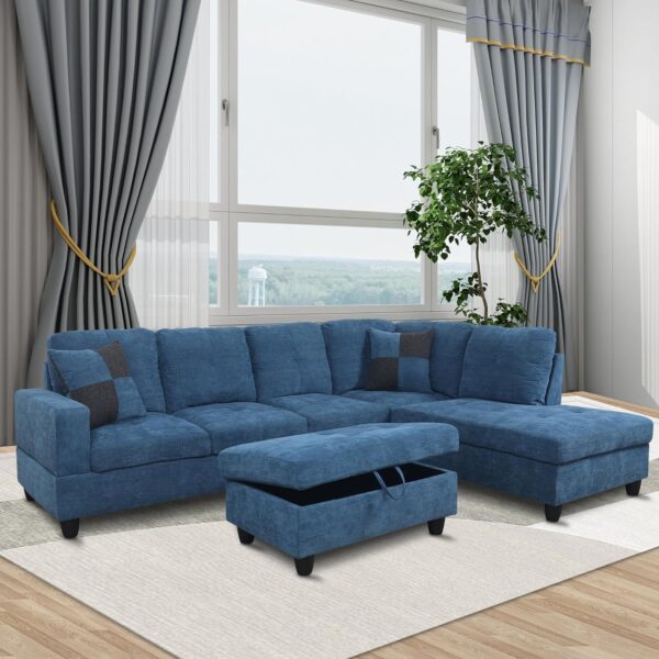 LostCat 103" W Sectional Couches for Living Room Couch Set, Modular Sectional Sofa for Living Room Furniture Sets, L Shaped Couch with Storage Ottoman, Flannel Modular Couch Sofa Set, Blue - Image 3