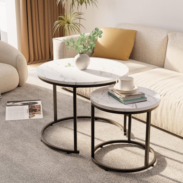 aboxoo Round Nesting Coffee Table Side Table Set of 2 End Tables for Living Room Bedroom Balcony, White Faux Marble Wooden Table Accent Coffee Table with Black Steel Frame - Image 4