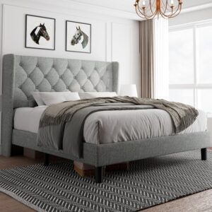 iPormis Queen Size Platform Bed Frame with Button Tufted Headboard, Upholstered Bed Frame with Solid Wooden Slats, 8" Underbed Space, No Box Spring Needed, Noise Free, Easy Assembly, Light Gray