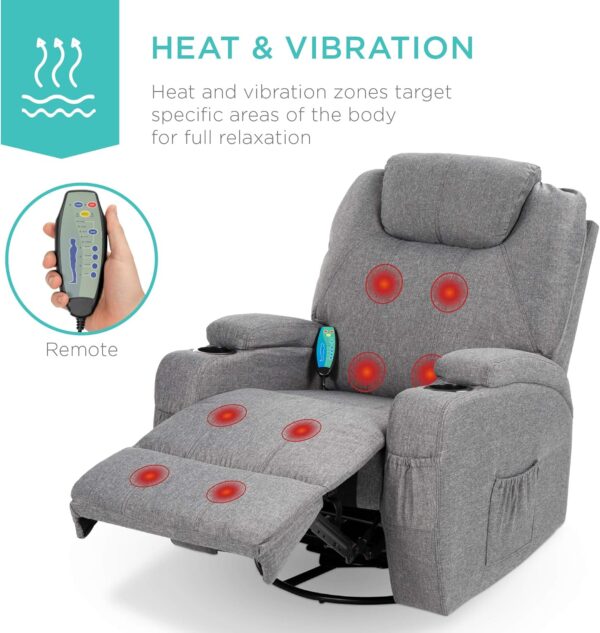 Best Choice Products Executive Linen Fabric Swivel Electric Massage Recliner Chair w/Remote Control, 5 Heat & Vibration Modes, 2 Cup Holders, 4 Pockets - Gray - Image 3