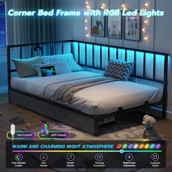 DICTAC Twin XL Corner Bed Frame with Led Lights and 2 Storage Drawers Metal Platform Bed Frame with Charging Station Modern Twin XL Daybed Frame for Living Room, Bedroom and Guest Room, Black & Gray - Image 4